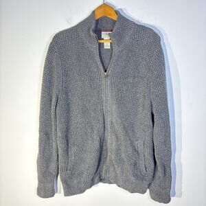 L.L. Bean Organic Cotton Waffle Knit Sweater Full Zip Men's Large Gray and Navy